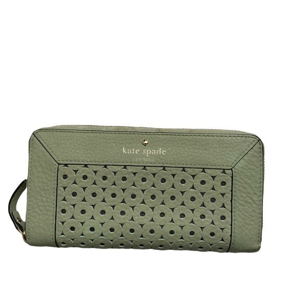 Kate spade green perforate eyelet lace leather zipper clutch wallet